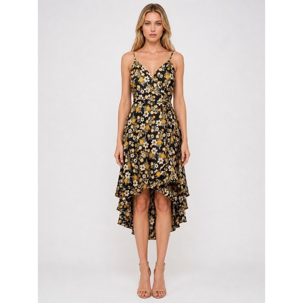Baltic Born Steffi Wrap Maxi Dress Women's size Medium Black Floral Hi-Low